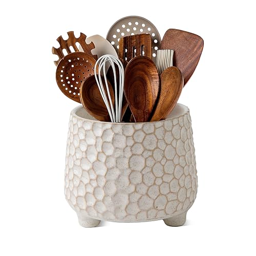 Ceramic Utensil Holder for Countertop, 4.5-Inch Embossed Farmhouse Crock with Stable Triangular Base, Cream White Textured Kitchen Counter Organizer