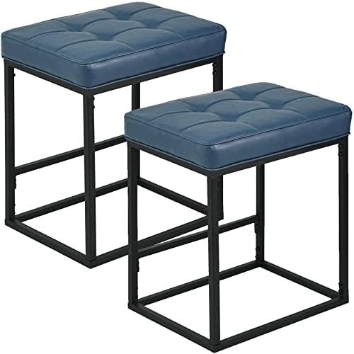 GREATUNE Bar Stools Set of 2 - Backless Bar Stools - 24 Inch Bar Stools for Kitchen Island - Counter Height Stools with Faux Leather - Metal Base, KS223 Blue