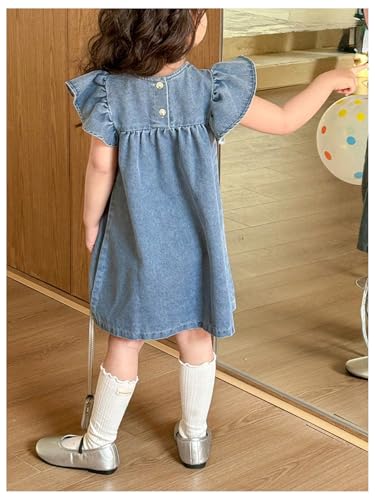 WDIRARA Toddler Girls Cute Floral Embroidery Ruffle Cap Sleeve Denim Short Dresses2
