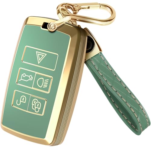 Lucrum Compatible with Range Rover and Jaguar Key Fob Cover & Keychain, TPU Keyfob Case for Land Rover Sport Evoque XE XJ XF Velar Defender Discovery - Green and Gold