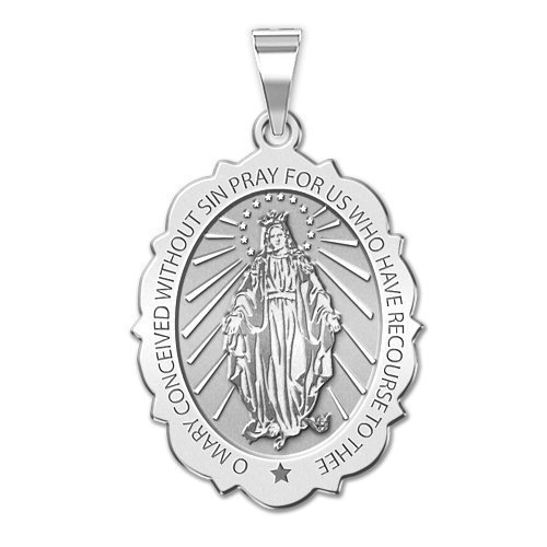 PicturesOnGold.com Miraculous Medal Scalloped Oval - 3/4 Inch X 1 Inch - Solid 14K Yellow Gold2