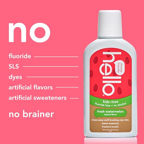 Hello Natural Watermelon Flavor Kids Fluoride Free Rinse, Alcohol Free, Vegan, SLS Free, Mouthwash for Kids Age 6 and Up, 16 Fl Oz (Pack of 3)