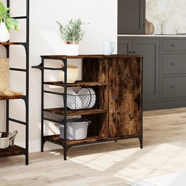 Vintage Style Kitchen Trolley for Enhanced Organization and Versatility, Durable Engineered Wood with Steel Frame, Smoked Oak Finish 34.4x15.2x33.3-5gETx5pm
