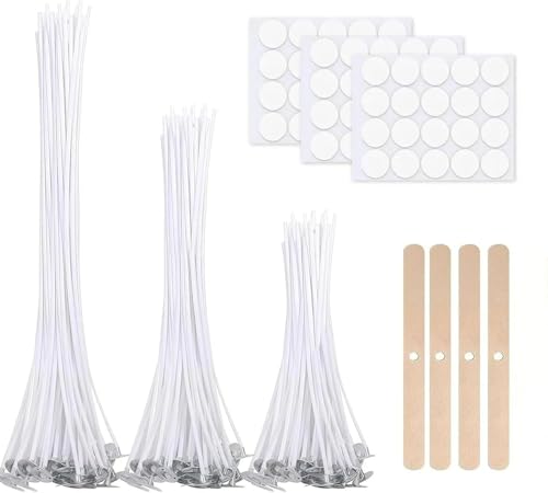wutdgeg 60-teilig dochte für Kerzen | kerzendocht | Kerzen selber Machen Set | komplett mit 4 Docht-Haltern und 60 Klebepunkten (10/15/20 cm)