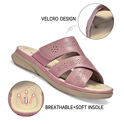 Allot Women's Slide Sandals Slip On Open Toe Dressy Summer Flat Sandals Arch Support Adjustable Straps Comfortable Beach Walking Shoes(Pink Pu, 9) #TOP2