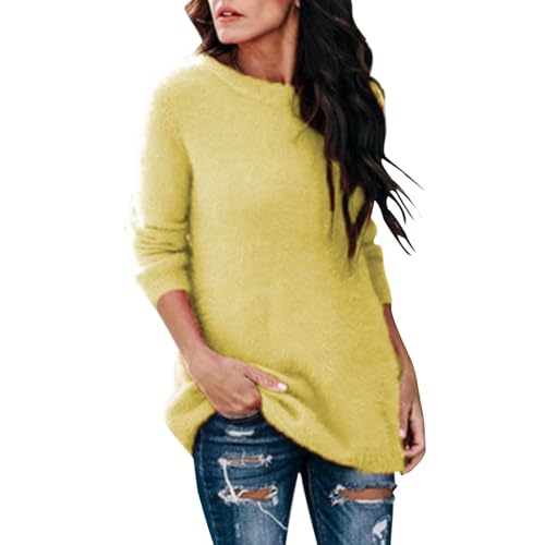 Woman Clothes Womens Sweatshirt Fleece Warm Solid Color Long Sleeve Winter Jumpers Elegant Crewneck Tops Ladies Soft Cozy Plush Pullover Outdoor Oversized Sweaters 01-Yellow M