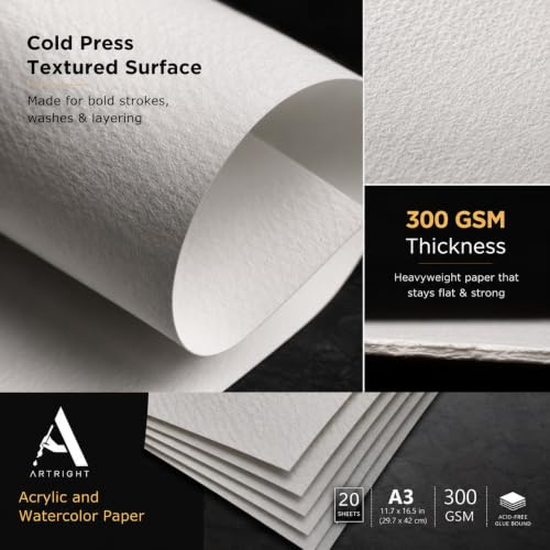 Image of ArtRight Artists' Acrylic Paper (A3 Pack of 20 Sheets, 300 GSM); 300 GSM Handmade Sheets for Gouache & Acrylic Media