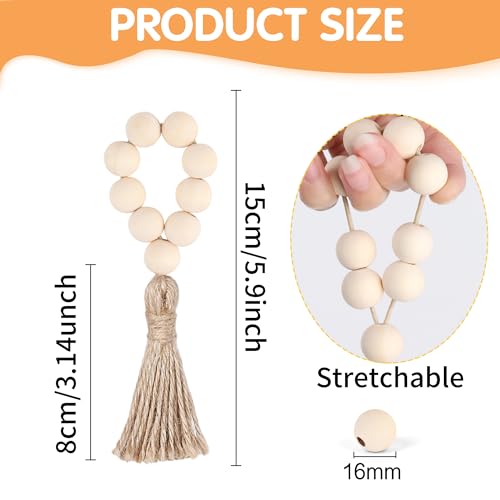 Meplait 6 Pieces Wooden Bead Napkin Rings, Farmhouse Stretchable Napkin Rings with Tassel Boho Napkin Ring for Dining Table,Wedding Decoration (Nature)
