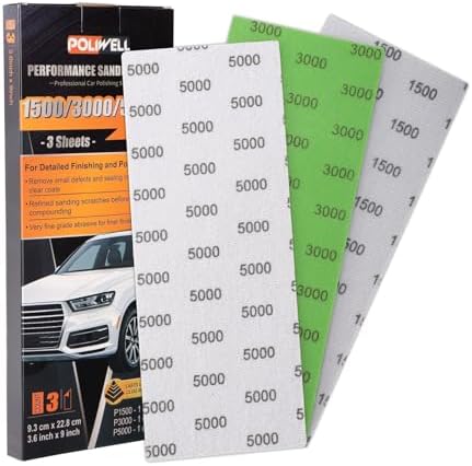 POLIWELL Premium Auto Sandpaper Kit: 3.6"x9" Wet/Dry Polishing Sheets (1500/3000/5000 Grit) - Clear Coat Scratch Remover, Car Detailing & Ultra-Smooth Surface Restoration
