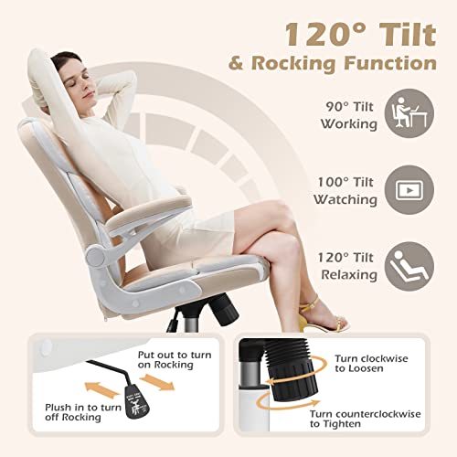 Seatzone Ergonomic Office Chair Beige Velvet Fabric Computer Desk Chairs With Wheels And Flip-Up Arms, Rolling Swivel Task Chair For Adults And Teens #TOP4