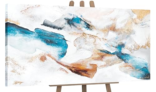 YS Art Cuadro pintura abstracta hecho a mano Esmeralda Colores blancos y azules saturados con dorado Pintado en acrílico Arte moderno 200x100 cm