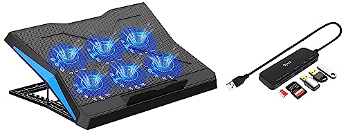 Image of Dyazo Upgraded 6 Fan Cooling Pad Laptop Raiser & USB Hub 5 in 1, 3 USB Port 2.0 & 2 TF & SD Slots Data Transfer Upto 480Mbps Compatible for MacBook, DELL, Computers & Other laptops, Black