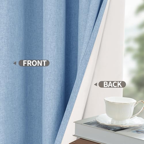 Image of YoungsTex Light Blue Linen 100% Blackout Curtains 45 Inch Length, Short Thermal Insulated Drapes with Grommet Privacy Privacy for Living Room Bedroom Window, 2 Panels, 42 X 45 Inch