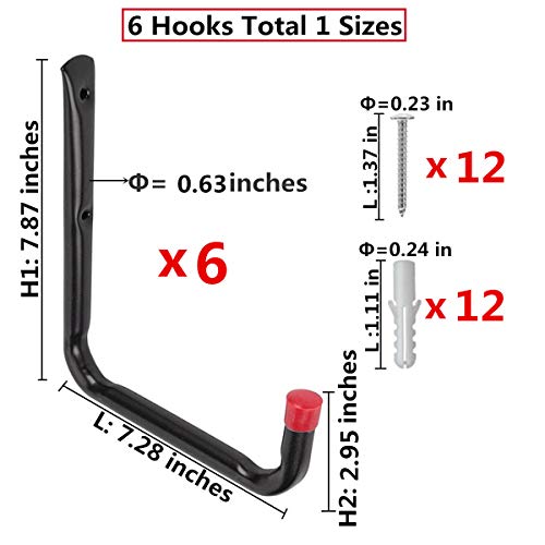 Heavy Duty Steel Garage Storage Utility Hooks,Universal Wall Mount U Hook System,All-Purpose Hanging J Hangers,for Ladder,Lumber,Surf Boards,Kayak Other Bulky Items (6 Pcs Black 7.2