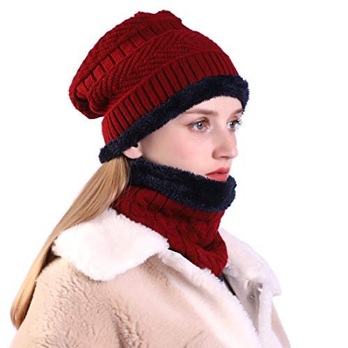 Muco Mens Womens Winter Beanie Hats Scarf Set Warm Knit Hat Thick Fleece Lined Slouchy Cap Neck Warmer For Men Women Red #TOP2