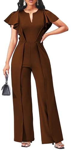 SxClub Women's Brown Dressy Jumpsuits Ruffles Long Straight Pants Jumpers