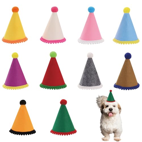 10 Pcs Dog Birthday Hat Set for Small Medium Dogs Cat Puppies Mini Party Hat with Adjustable Headbands Cute Pet Hat with Pompons for Birthday Christmas Party Decoration Accessories (Mini 2.5 Inch)