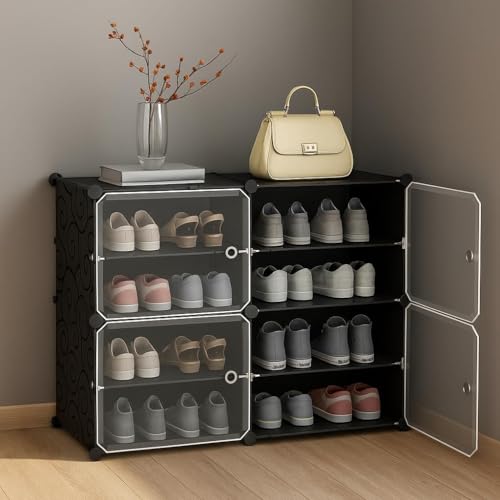 Image of Sunderlook Shoe Rack Plastic for Home- Slipper Stand, Professional Shoe Stand, Chappal Stand, Multipurpose Foldable Standing Comfort Runner Shoe Rack with Door (Black, 8 Shelf 4 Door)