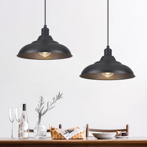 COTTMIC Matte Black Farmhouse Barn Pendant Lights 2 Pack, 15.7 Inch Industrial Metal Dome Hanging Lamp, Adjustable Cord Pendant Lighting for Kitchen Island, Dining Room,Bar, Cafe by COTTMIC - Used condition - CA$156.63