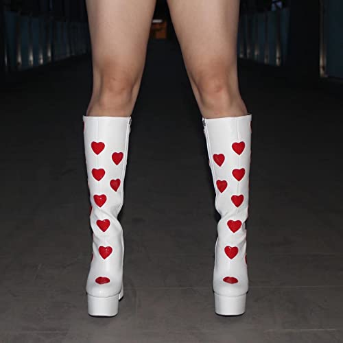 Frankie Hsu Women's Large Size Cute White Pu Leather Red Heart Spade Shape Patent Preppy Style Platform Chunky Block Heels Knee High Heeled Boots2