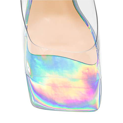 Transparent Clear Chunky Heel Square Toe Sandals Backless Open Toe Slip on Mules Holographic Slipper Dress Shoes2
