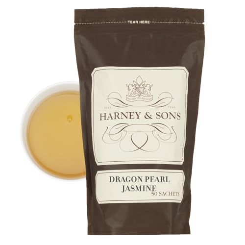Image of Harney & Sons Dragon Pearl Jasmine Tea Sachets, 50 Count | Hand-rolled jasmine green tea pearls from China. Contains caffeine.