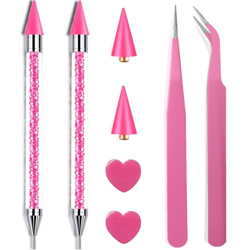 8 Pink Rhinestone Picker Tool Set - 2 Pcs Dual-Head Wax Pens with 2 Wax Tips and 2 Pink Tweezers Wax Pencil for Rhinestones Crystal Diamond Pickup Tool for Nail Art Gem and Crystal Application Kit