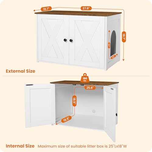 Dwanton Litter Box Enclosure, Cat Litter Box Furniture Hidden, Reversible Entrance Can Be on Left or Right Side, Wooden Cat Washroom Indoor, White and Warm Brown, 27.6 Inches
