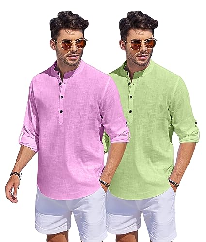 Image of Bellstone Men's Cotton Blend Straight Kurta Shirt Combo with Mandarin Collar - Slim Fit Casual Short Kurti Set Featuring Textured Slub Fabric and Roll-Up Full Sleeves