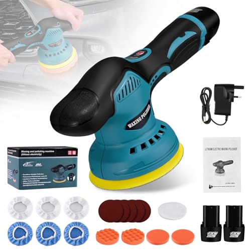 Car Polisher, Couleeur 12V Portable Polishing Waxer Machine Kit 2500-7000RPM, 8 Variable Speed,125mm Base for Car Detailing Brushless Car Polisher with 2 Rechargeable Battery