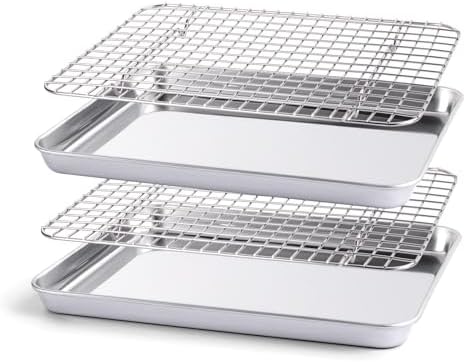 Baking Sheet with Rack Set – 2 Stainless Steel Baking Pans + 2 Cooling Racks,Heavy Duty Baking Tray for Oven,Non Toxic,Dishwasher Safe & Easy Clean – Perfect for Baking,Roasting,or Cooling