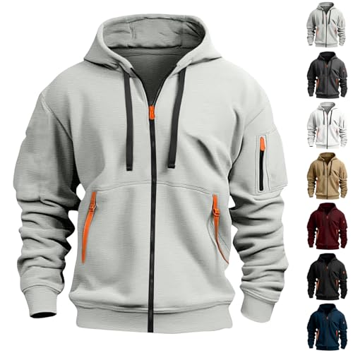 Mens Zip Up Hoodie Vintage Comfy Tactical Hoodies with Zipper Pockets Casual Full Zip Long Sleeve Hooded Jacket
