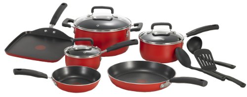 Image of T-fal C112SC Signature Nonstick Expert Thermo-Spot Heat Indicator Dishwasher Safe Cookware Set, 12-Piece, Red