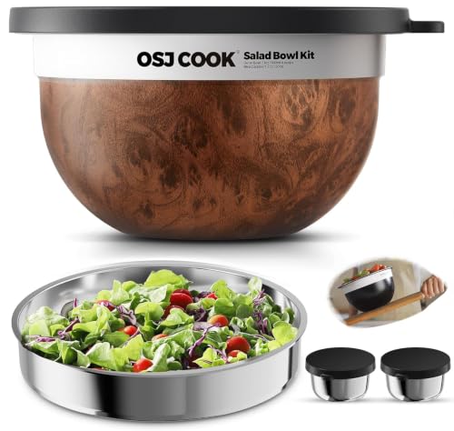 OSJ COOK 74oz Salad Bowl Kit with Lid & Tray, Scratch-Resistant 18/8 Stainless Steel Salad Bowls To Go For Lunch, Large Leak-Proof Container with 2 Condiment Canisters, Wood