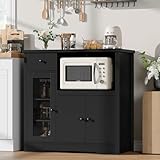 GarveeHome Kitchen Microwave Cabinet with Storage and Drawers, Modern Small Buffet Cabinet with Glass Doors and Adjustable Shelf, Wooden Sideboard with Wide Top for Dining Room, Living Room, Black