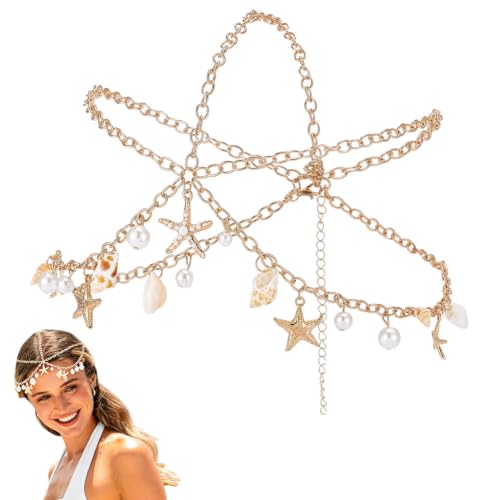 PH PandaHall Coquille Tête Chaînes Doré Halloween Océan Plage Coiffe | Perle Coquille Étoile de Mer Cheveux Chaînes, Sirène Cheveux Accessoires, Océan Mariage Costume Cheveux, avec 3 Pince Homard