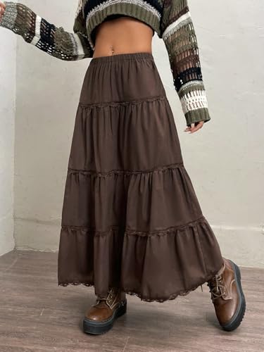 Solid Ruffle Hem Lace Trim Skirt Basic Women's Summer Casual Vinage Skirt4