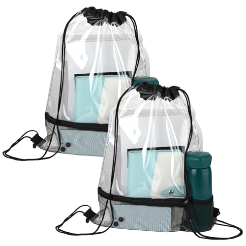 Mozeat Lens 2 Pack Clear Drawstring Bags Waterproof PVC Drawstring Backpack Stadium Approved Transparent Drawstring Bags for Stadium Events Concert Sport Travel