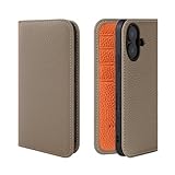 HANATORA for iPhone 17 ケース 手帳型 本革 スマホケース スマホ スタンド コードホルダー 付き シュリンクカーフレザー マグネットなし グレージュ + オレンジ PH-17-Grege-OG ギフト 誕生日 女性 男性 彼女 お母さん お父さん 人気商品 30代 40代 50代 60代 70代