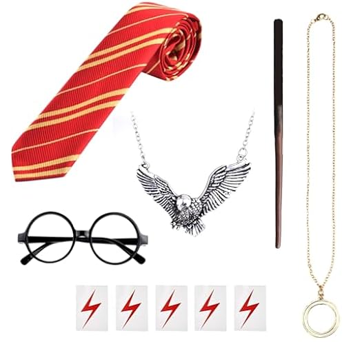 Juego de 10 accesorios para disfraz de mago con varita de mago, corbata a rayas, gafas de marco redondo, collar de mago, tatuaje temporal de relámpago para cosplay, disfraces, suministros de fiesta de | Ya disponible en tu tienda friki favorita! En mundofriki.es! Juego de 10 accesorios para disfraz de mago con varita de mago, corbata a rayas, gafas de marco redondo, collar de mago, tatuaje temporal de relámpago para cosplay, disfraces, suministros de fiesta de | Ya disponible en tu tienda friki favorita! En mundofriki.es!