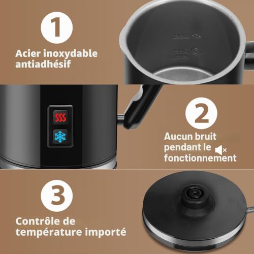 Aigostar Mousseur à lait Electrique 500W 240mL, 3 en 1 Mousse de Lait Chauffant automatique, Revêtement antiadhésif pour Cappucino, Café, Chocolat, Contrôle de Température, Fonction Silencieux, Nior – vue 7