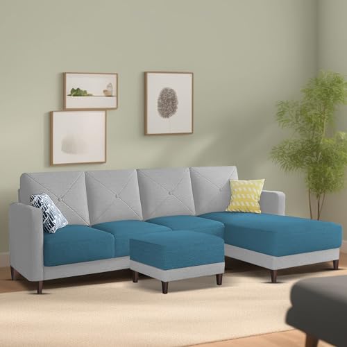 Image of Baloney RHS 6 Seater L Shape Sofa Set with Center Table for Living Room (Turquise Grey Fabric) Premium Fabric Sofa