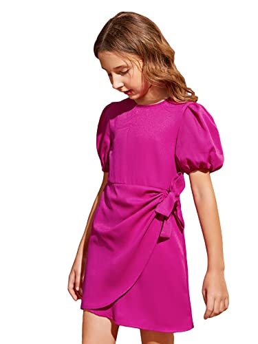 Wdirara Girl's Puff Sleeve Tie Side Wrap Dress Short Sleeve Round Neck Dresses Pink 11-12Y #TOP16