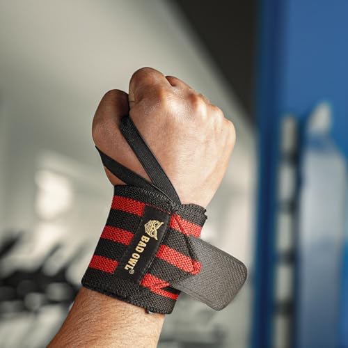 Image of BADOWL Wrist Support for Gym & Fitness - Heavy-Duty Adjustable Straps with Reinforced Thumb Loops, Breathable Wrist Wraps for Men & Women, Weightlifting & Strength Training Gear (RED)