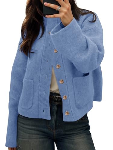 Cicy Bell Womens Chunky Cardigan Sweaters Button Down Mock Neck Open Front Jacket Winter Casual Outerwear with Pockets Blue