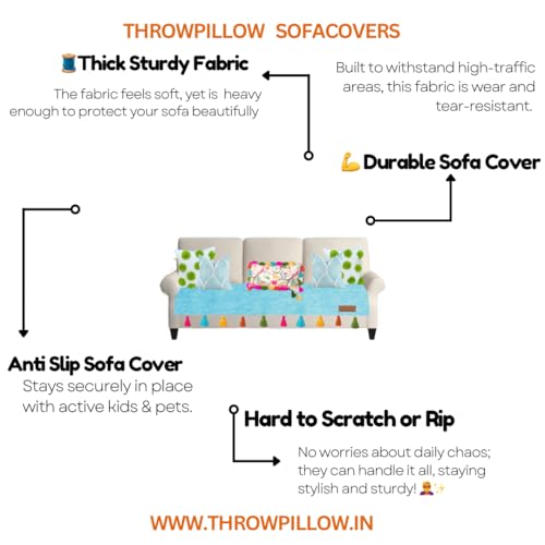 Image of Blue Sofa Cover Multicoloured Tassels: Couch Slipcover: Thick Fabric, Scratch & Paw Resistant, Sofa Protector: Seat Protection -Set of 2 Seat Covers- 5 Seater Sofa Cover Set (3+2 Seater)
