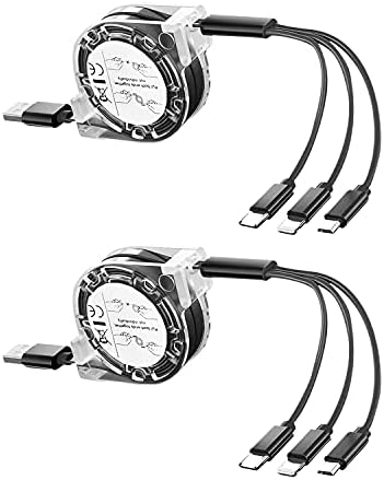 Multi Charging Cable 3A 2Pack 3.3ft 3 in 1 Retractable Charging Cord Multi USB Cable Fast Charger Cord Adapter with IP/Type C/Micro USB Port for Cell Phones/IP/Samsung Galaxy/Tablets and More(Black)