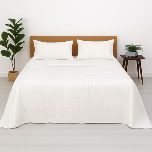 Image of Cotton Double Bedsheet with 2 Pillow Covers | 100% Pure Cotton | Soft & Breathable | 90x100 inch - White Check