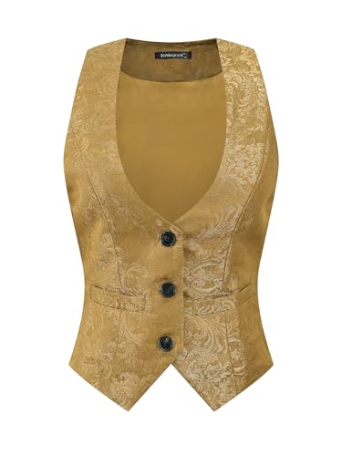Allegra K Vintage Vest for Women's Button Up Jacquard Steampunk Suit Waistcoat with Pockets Medium Dark Khaki
