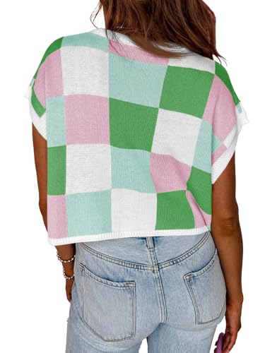 Image of Saodimallsu Womens Cap Sleeve Crop Tops Summer Color Block Going Out Crew Neck Knit Trendy Casual Sweater